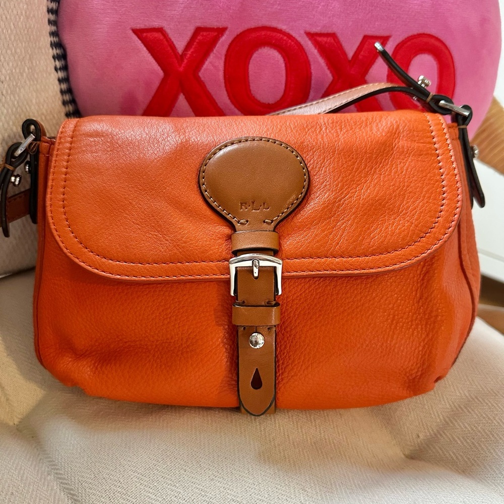 Lauren 1967 Ralph Lauren 9" Orange Pebbled Leather Saddle Leather Crossbody Bag